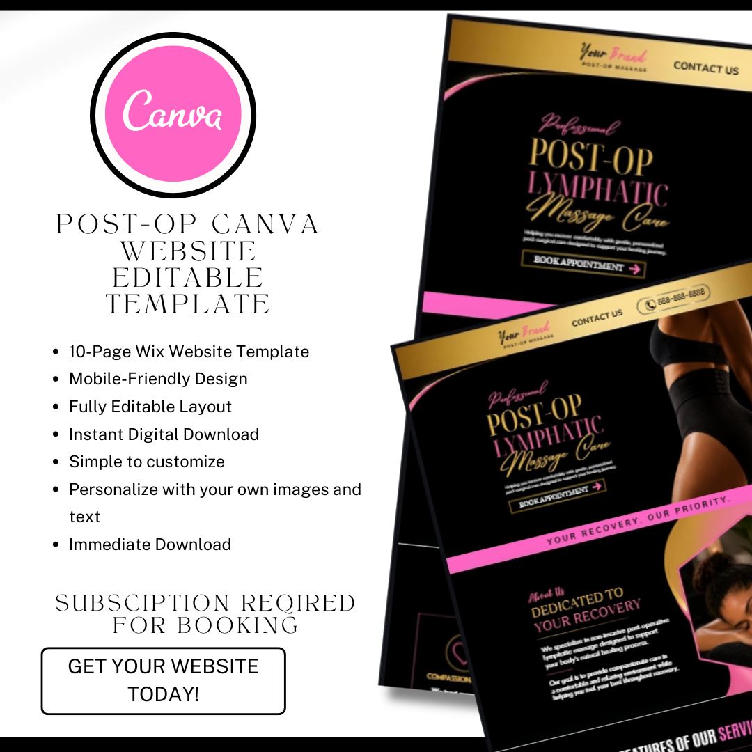 Post Op Massage Website Template Canva | Lymphatic Drainage Website | Recovery Massage Landing Page | Beauty Spa Website | Editable Canva Website