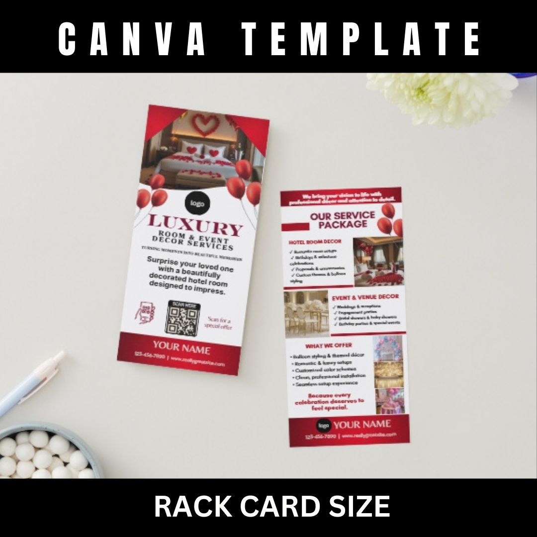 Hotel Room Event Decor Rack Card Template | Wedding, Proposal Party Decor Canva Design | Luxury Room Setup Marketing