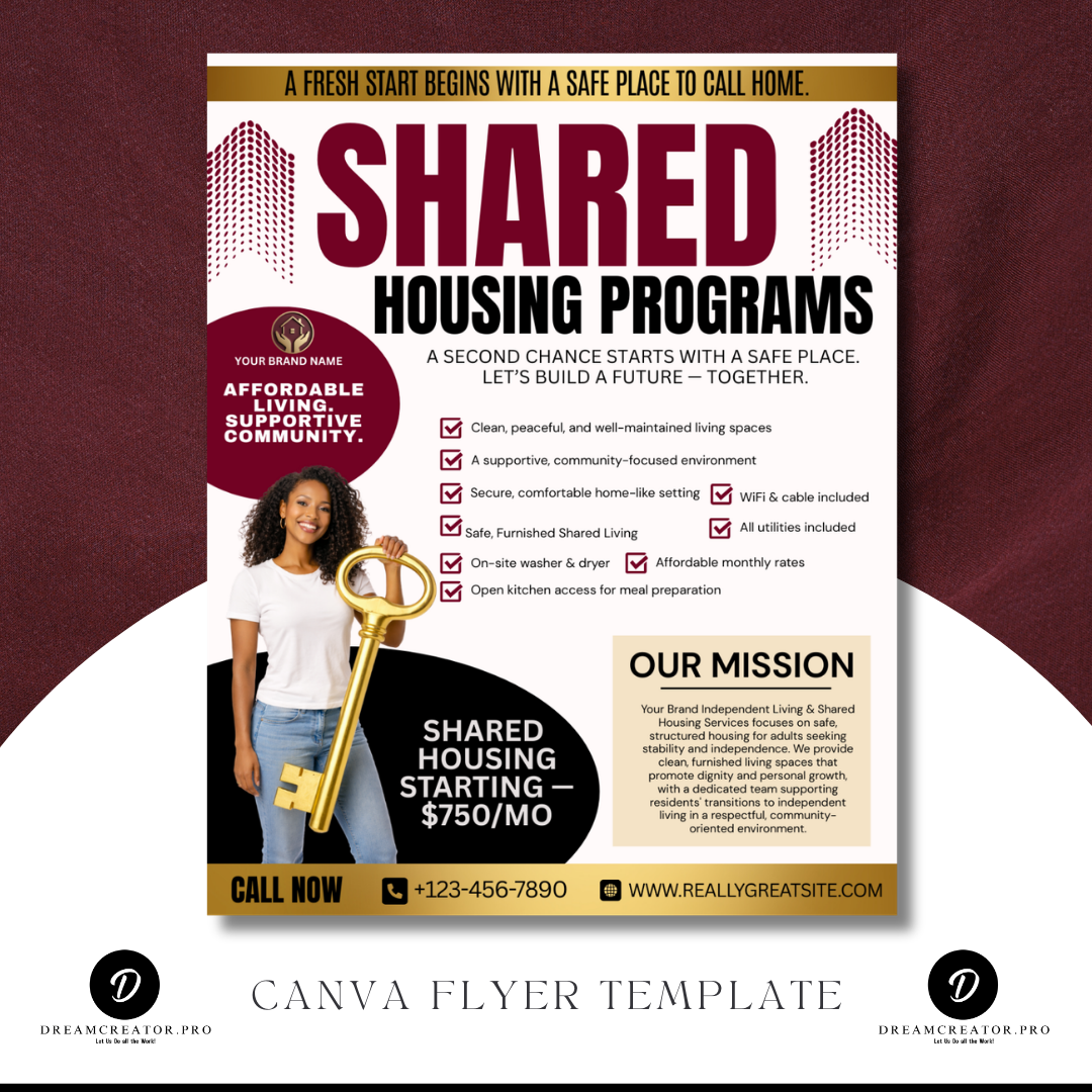 Shared Housing Flyer Template | Affordable Living Canva Flyer | Transitional Housing Room Rental Ad | Editable Design