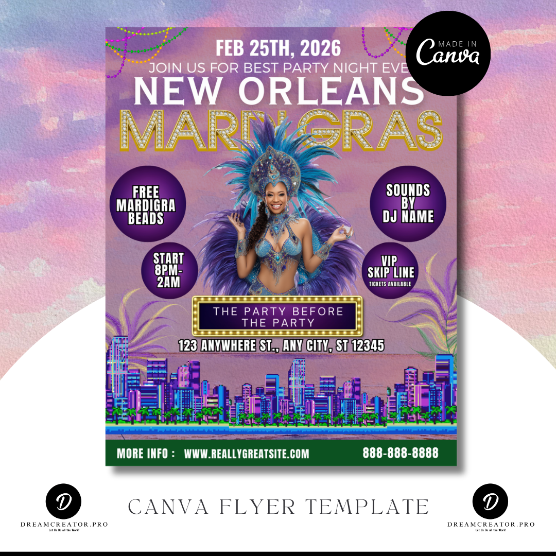 Mardi Gras Party Flyer Template | Masquerade Mardi Gras Event Flyer | Purple Gold Green Party Invitation | Carnival Celebration Flyer | Printable Canva