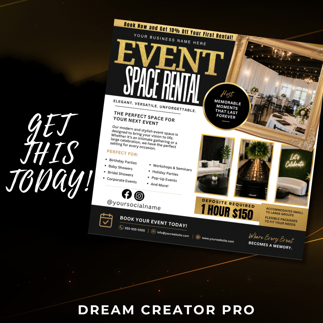 Event Venue Rental Flyer / Event Space Rentals Flyer Template / Event Hosting / Digital Flyer / Canva ig / Space Booking / Meeting Space