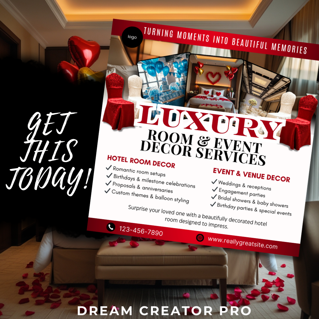 Hotel Room Event Decor flyer Template | Wedding, Proposal Party Decor Canva Design | Luxury Room Setup Marketing (Copy)