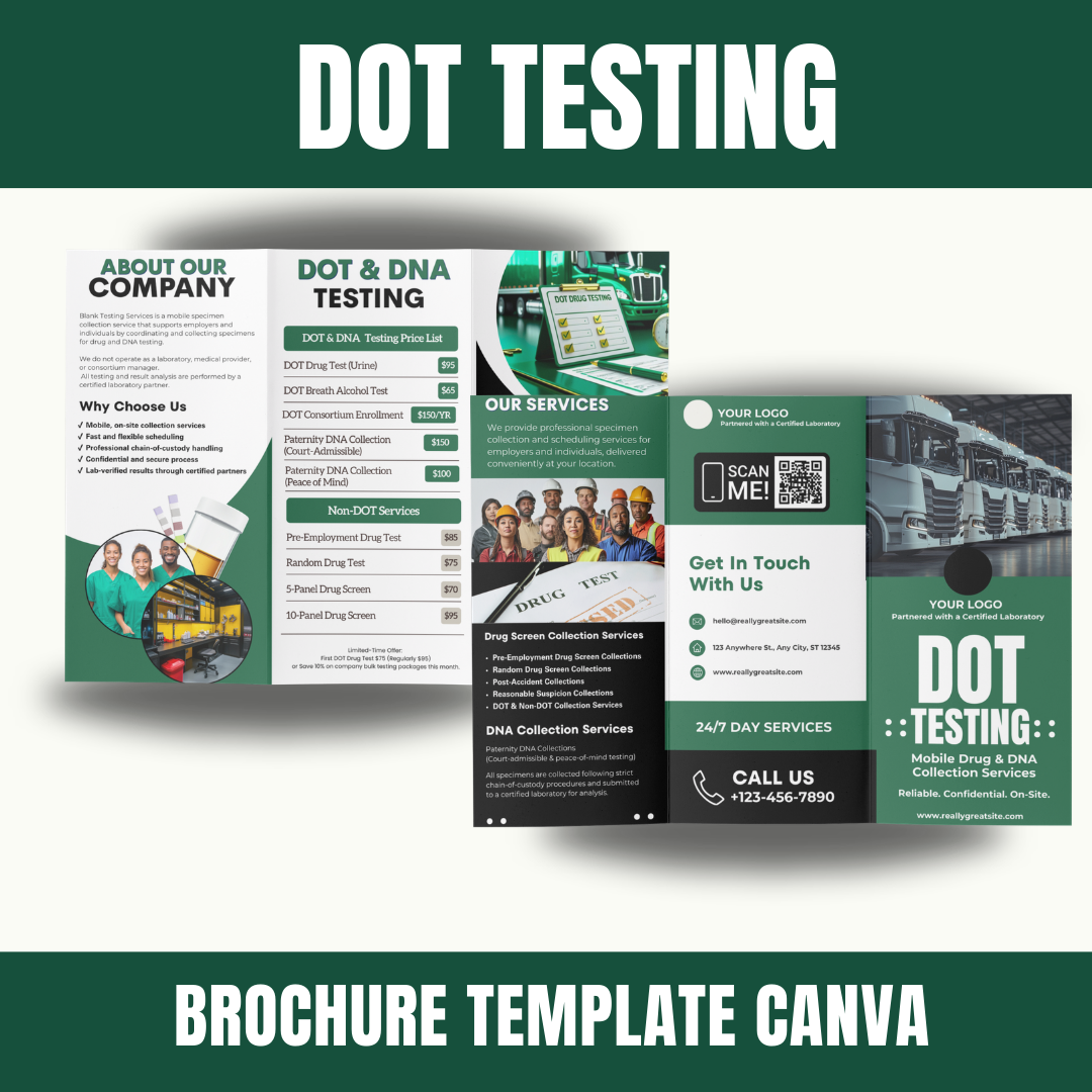 DOT Drug Testing Brochure Template | Mobile Drug & Alcohol Collection Services | Non-DOT Testing Flyer | Canva Editable Business Brochure (Copy)