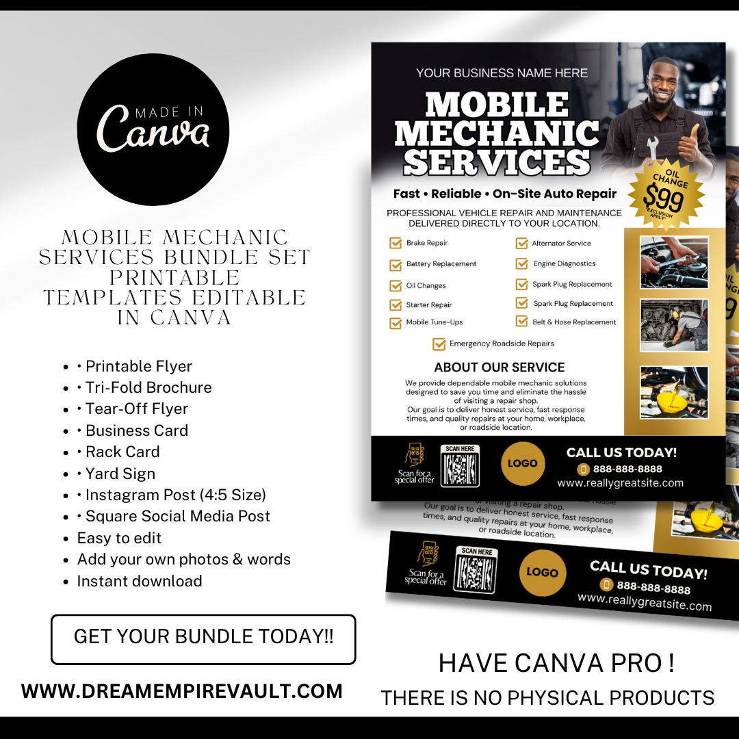 Mobile Mechanic Canva Template Bundle | Flyer Brochure Tear Off Flyer Business Card Rack Card Yard Sign Instagram Auto Repair Marketing Kit