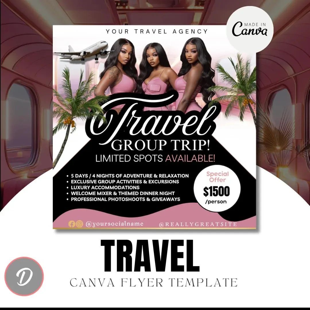 Group Travel Trip Flyer Template | Editable Canva Design | Vacation, Girls Trip, or Travel Agency Flyer | Printable Travel Promotion