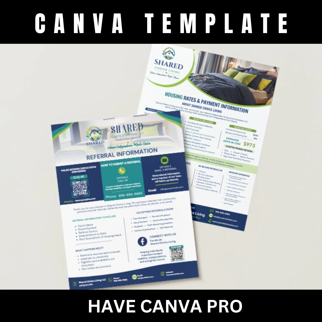 Shared Housing Marketing Bundle Canva Templates | Referral Sheet, Pricing Guide & Rack Card | Transitional Housing | ILF Marketing Kit