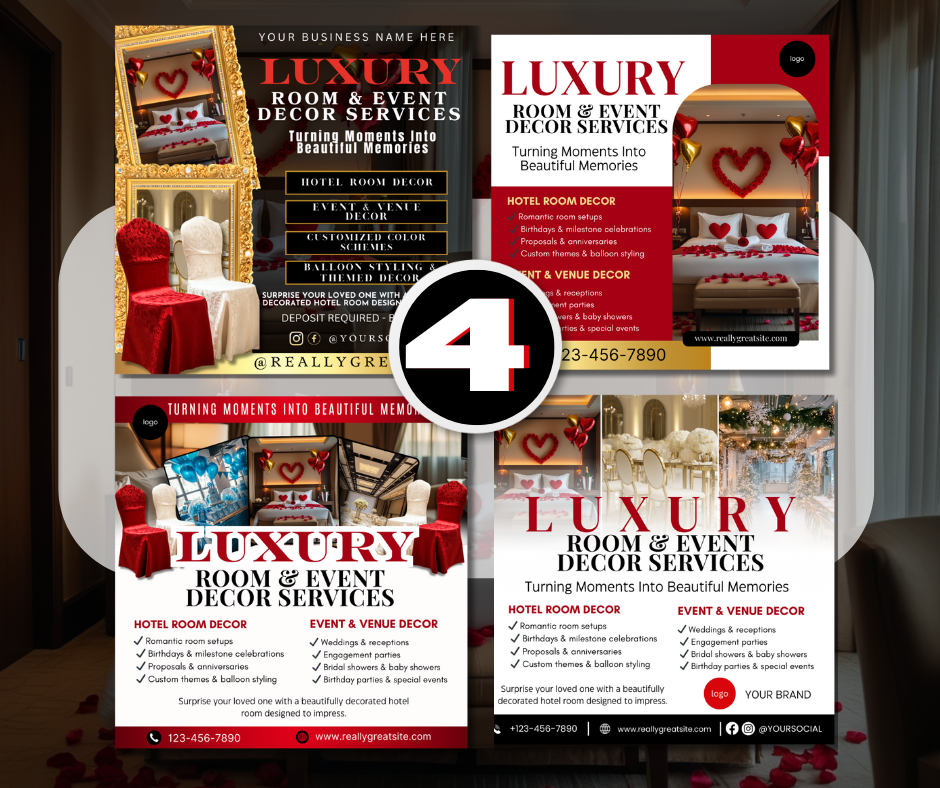 Hotel Room Event Decor flyer Template | Wedding, Proposal Party Decor Canva Design | Luxury Room Setup Marketing (Copy)