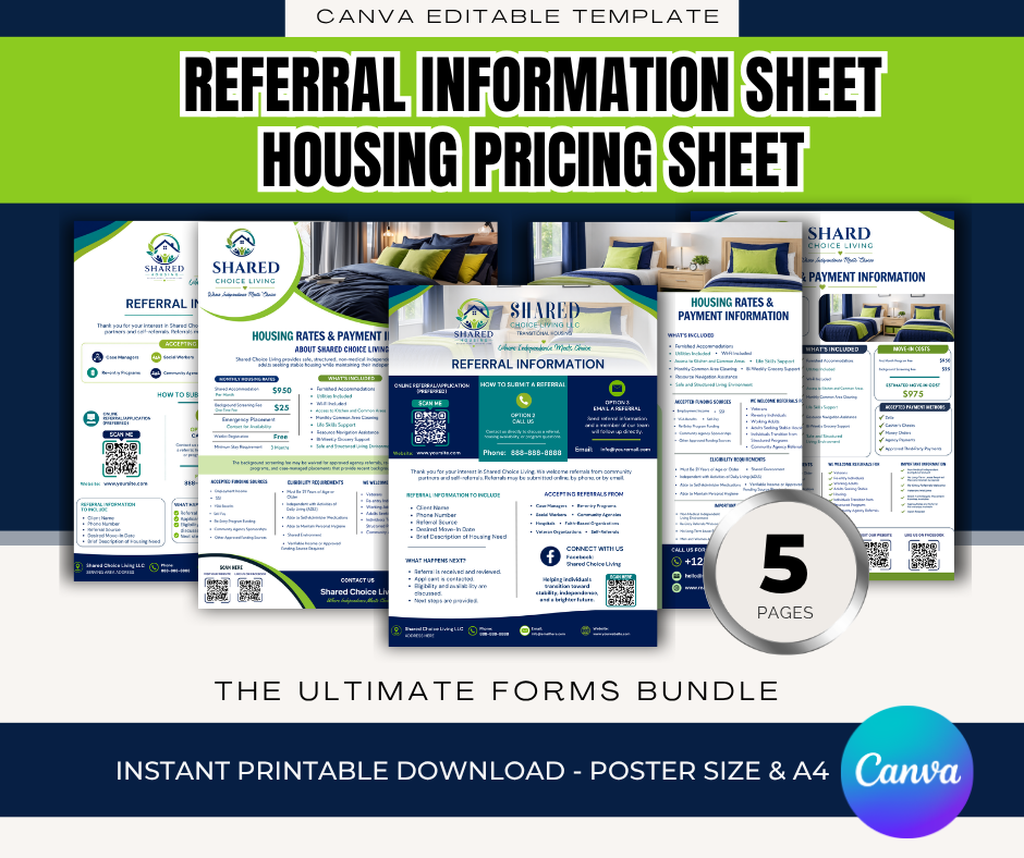 Shared Housing Marketing Bundle Canva Templates | Referral Sheet, Pricing Guide & Rack Card | Transitional Housing | ILF Marketing Kit