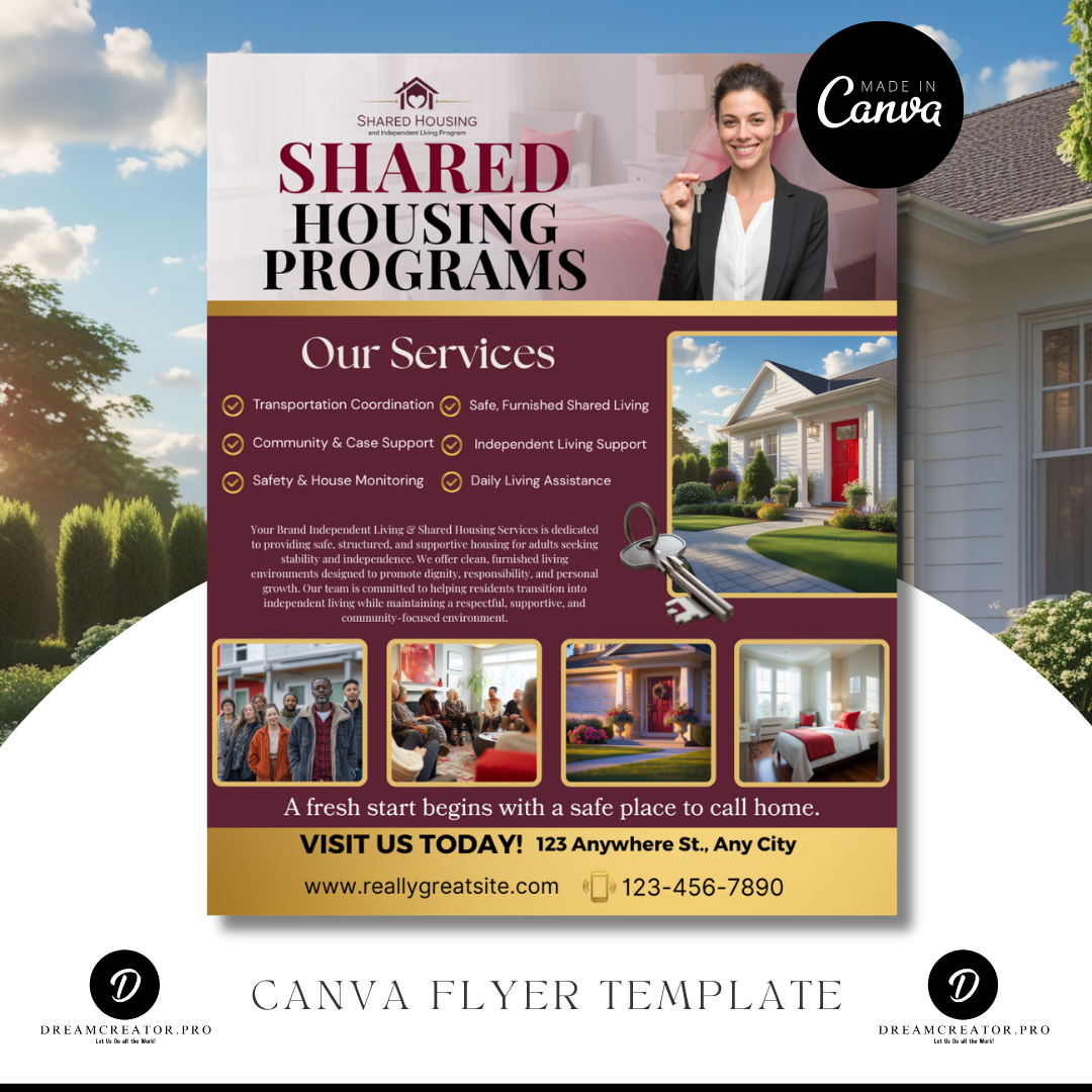 Shared Housing Flyer Template | Affordable Living Canva Flyer | Transitional Housing Room Rental Ad | Editable Design