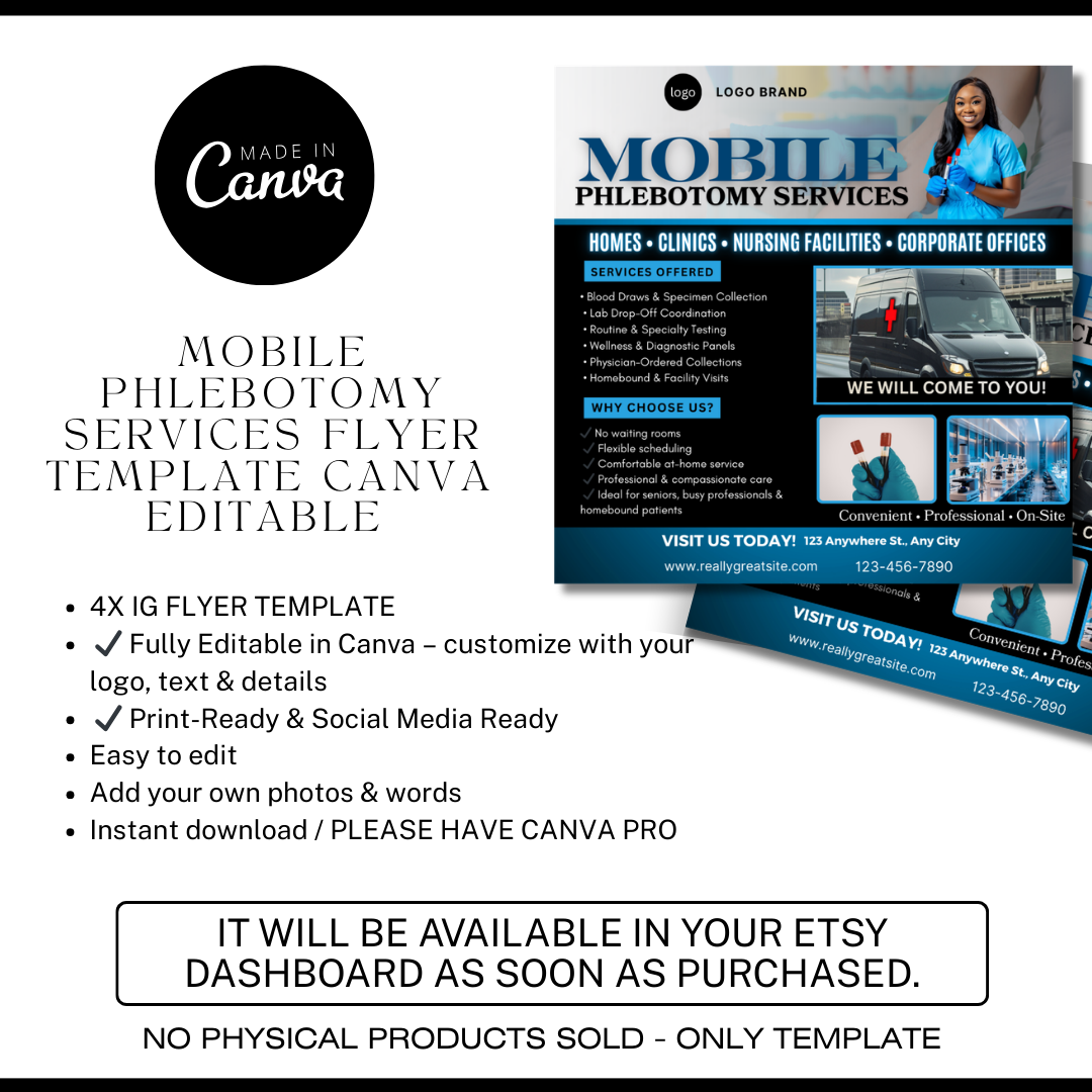 Phlebotomy Canva Flyer Bundle | Gold & Black Editable Templates for Blood Draw Services, Mobile Lab, Specimen Collection, Healthcare