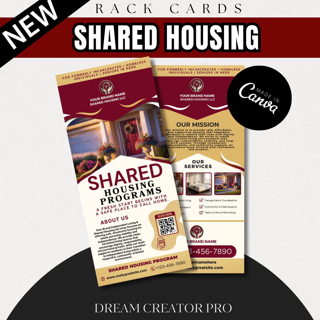 Shared Housing Rack Card Template | Independent Living & Reentry Housing Canva Marketing Card Design (Copy) (Copy)