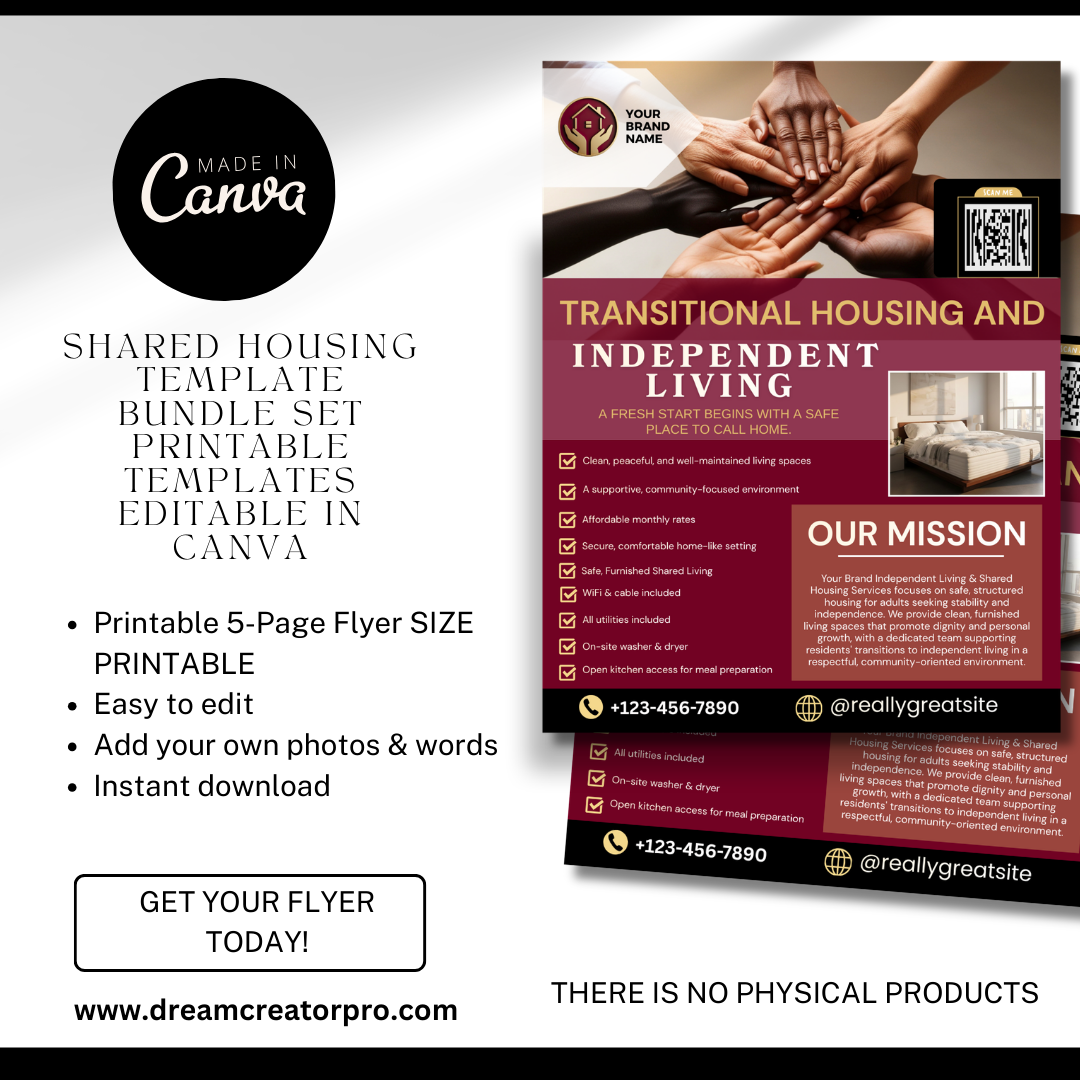 Shared Housing & Independent Living Printable Flyer Bundle | Transitional Housing Canva Templates | Reentry, Seniors & Supportive Living