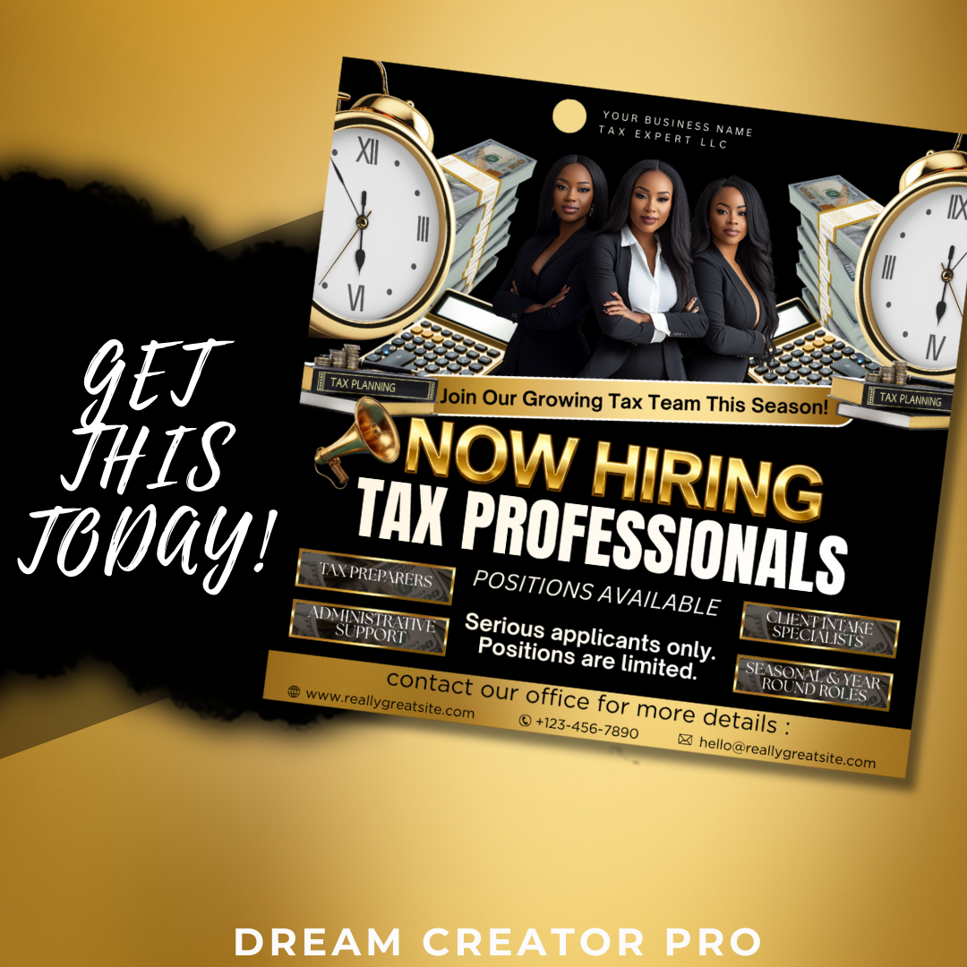 Now Hiring Tax Professionals Flyer Template | Tax Team Recruitment Canva Template | Tax Office Hiring Ad