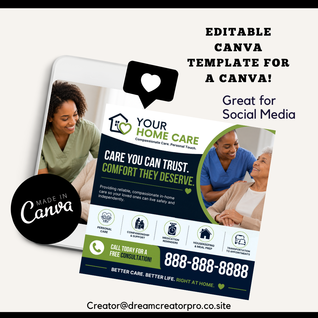 Home Care Marketing Bundle Canva Templates | Caregiver Flyer, Brochure, Yard Sign, Postcard, Business Card, Social Media Kit for Home Care Business