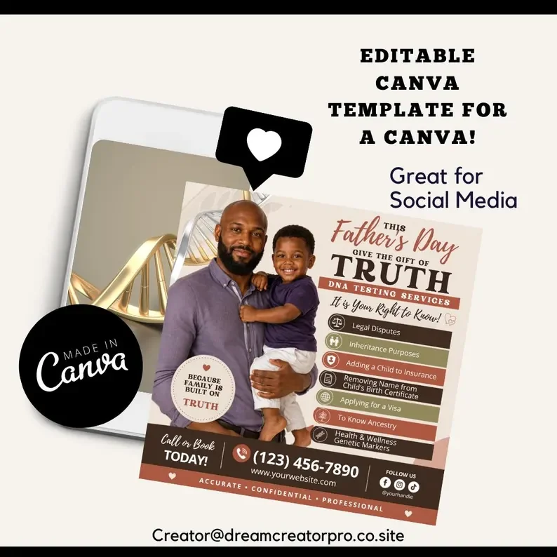 Father’s Day DNA Testing Flyer Template | Editable Canva DNA Services Flyer | Paternity Test Marketing Flyer | DNA Testing Social Media Post (Copy)