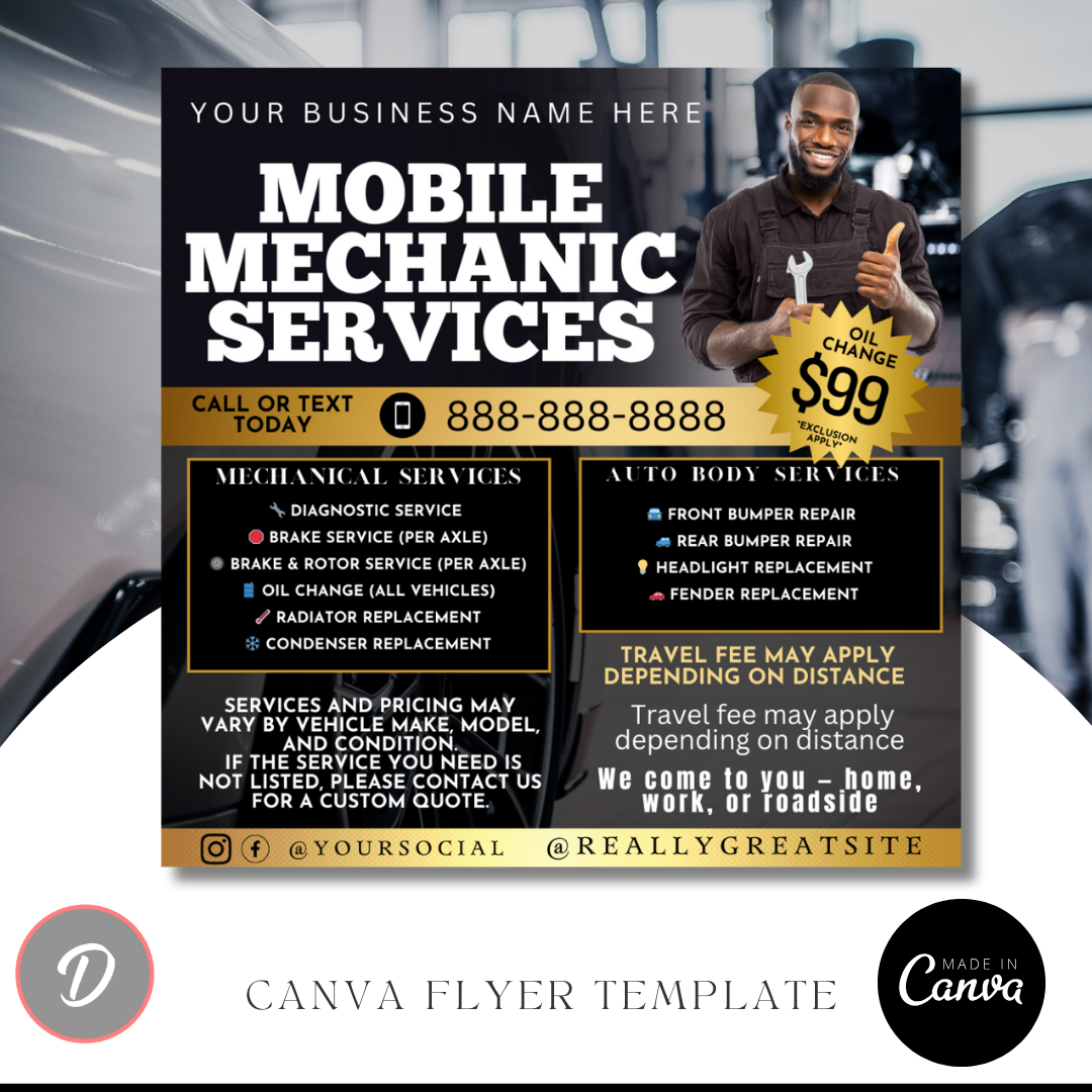 Mobile Mechanic Flyer Template | Auto Repair Services Price List | Canva Editable Mechanic Flyer | Mobile Auto Repair Marketing
