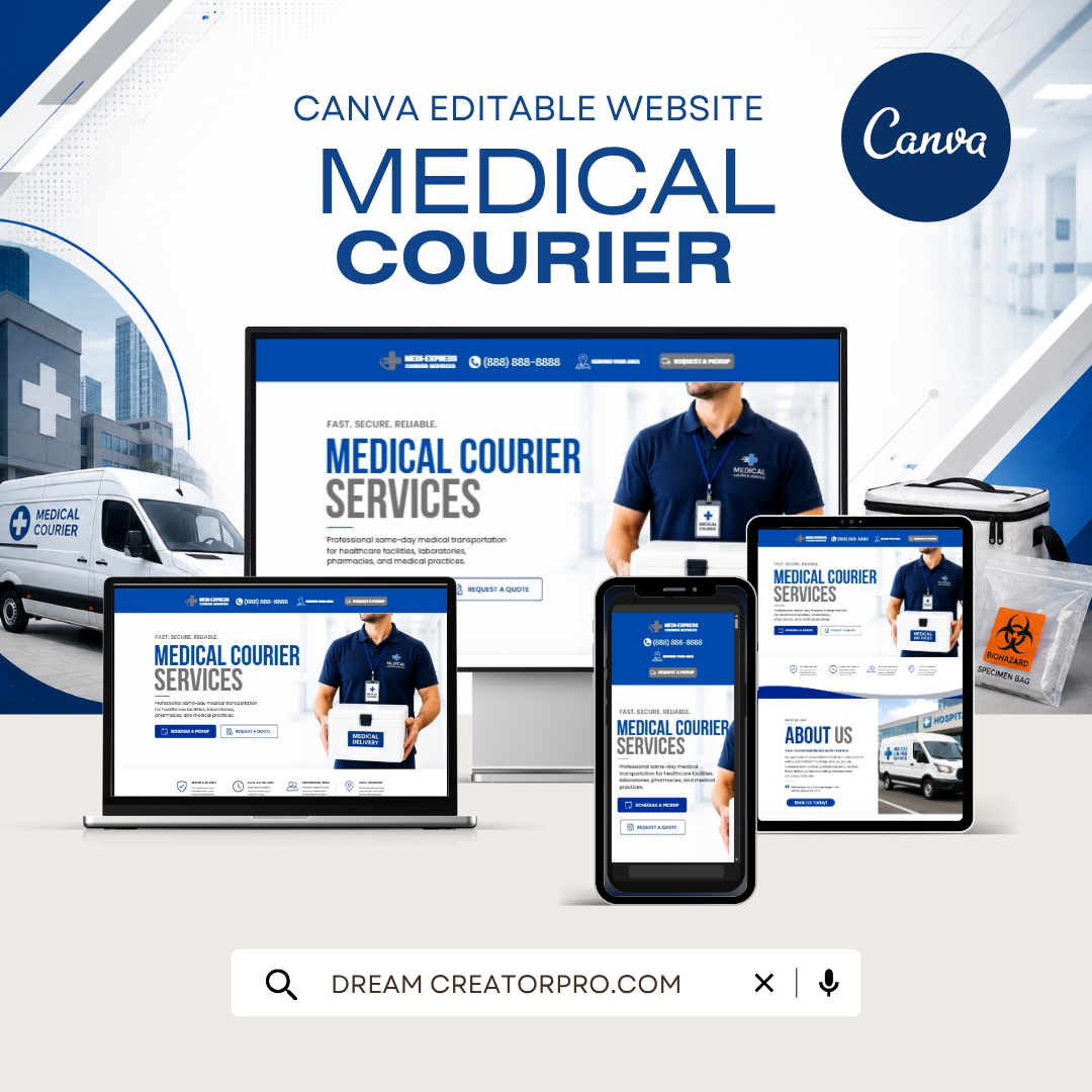Medical Courier Website Template | Healthcare Logistics Canva Website | Specimen Transport Business Website | Editable Canva Design