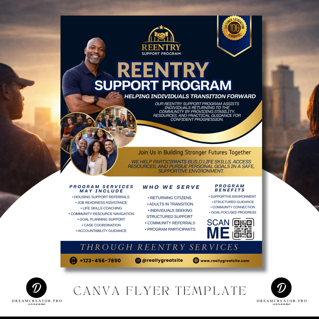 Reentry Program Flyer Template | Editable Canva Community Support Flyer | Returning Citizens Program Marketing Flyer