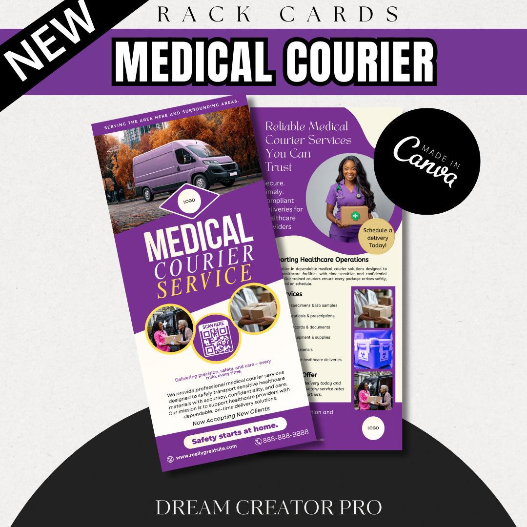Medical Courier Services Rack Card Template | Healthcare Delivery Flyer | HIPAA Courier Marketing | Medical Transport Advertising | Canva Editable