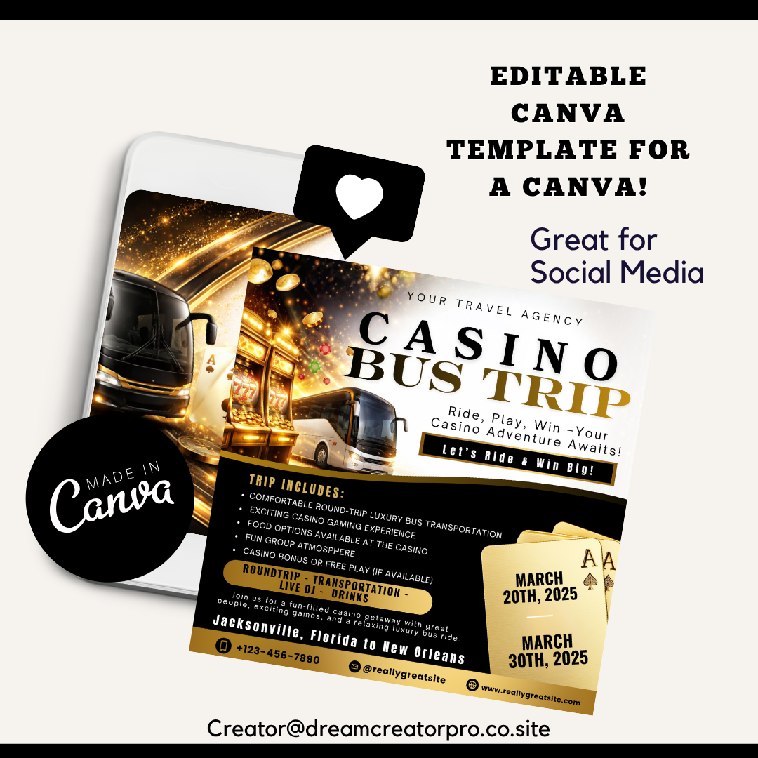 Casino Bus Trip Flyer Template / Travel Agent Canva / Travel Agency / Bus Service / Booking Template / DIY Travel Flyer / Gamble Getaway ig
