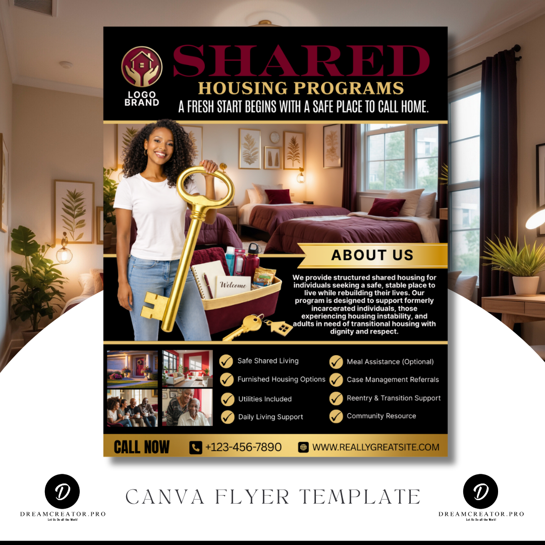 Shared Housing Flyer Template | Affordable Living Canva Flyer | Transitional Housing Room Rental Ad | Editable Design
