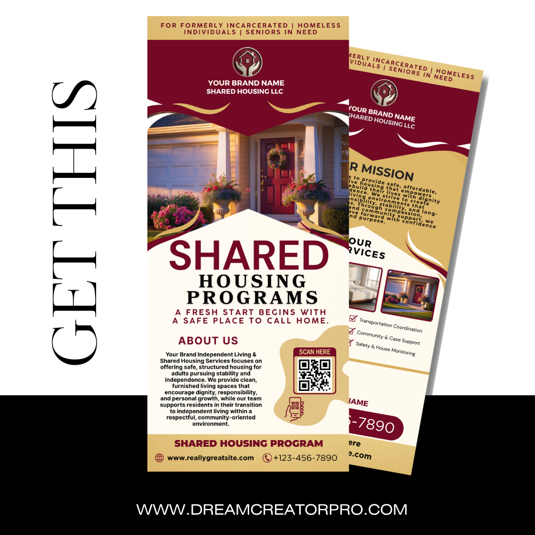 Shared Housing Rack Card Template | Independent Living & Reentry Housing Canva Marketing Card Design (Copy) (Copy)