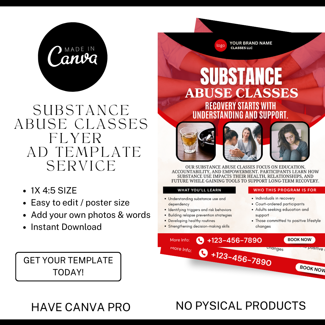 Substance Abuse Class Flyer Template | Recovery Education Program | Court Approved Style | Editable Canva Flyer | Substance Abuse Awareness Class