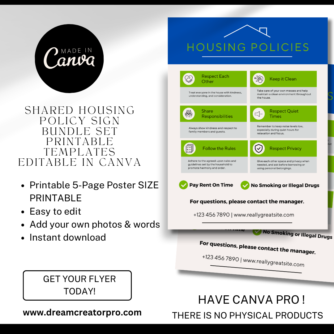 Shared Housing Policy Signs Printable | Independent Living House Rules Posters | Transitional Housing Program Wall Sign | Editable Canva Set