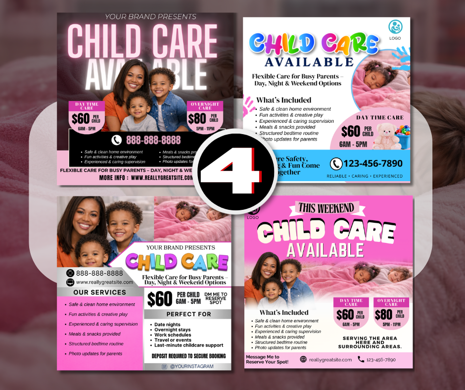 Child Care Flyer Template | Babysitting Flyer | Daycare Marketing | Overnight & Drop-In Care | Editable Canva Childcare Flyer