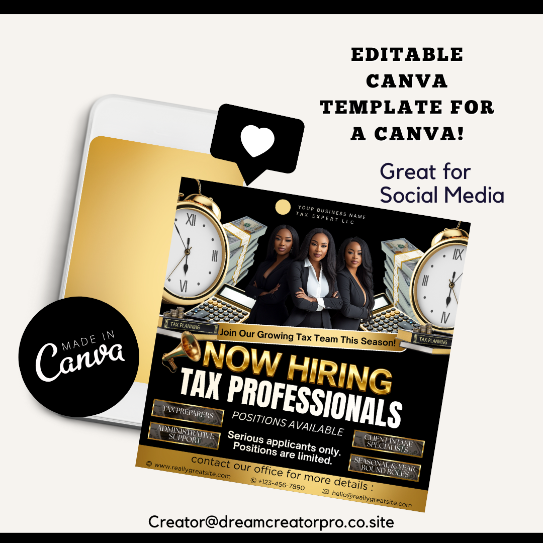 Now Hiring Tax Professionals Flyer Template | Tax Team Recruitment Canva Template | Tax Office Hiring Ad