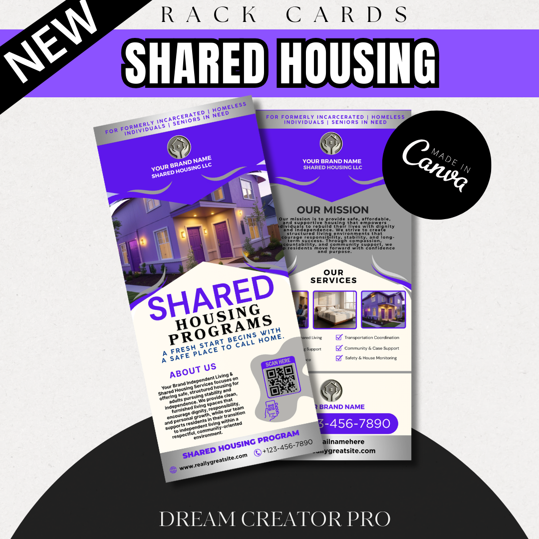 Shared Housing Rack Card Template | Independent Living & Reentry Housing Canva Marketing Card Design (Copy)