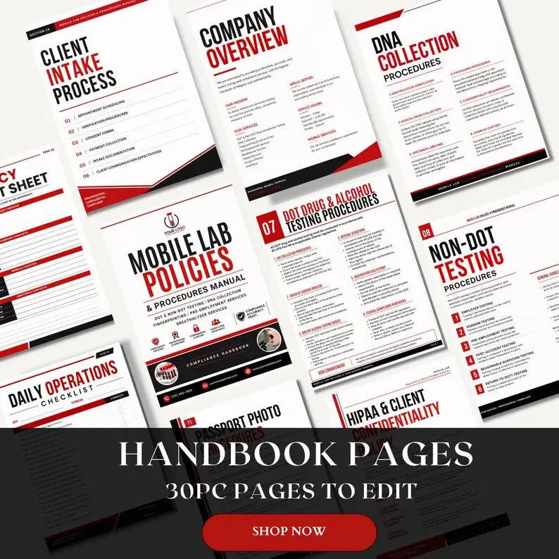 Mobile Lab Policies & Procedures Manual Canva Template | DOT Drug Testing SOP Handbook | DNA Fingerprinting Compliance Editable Forms