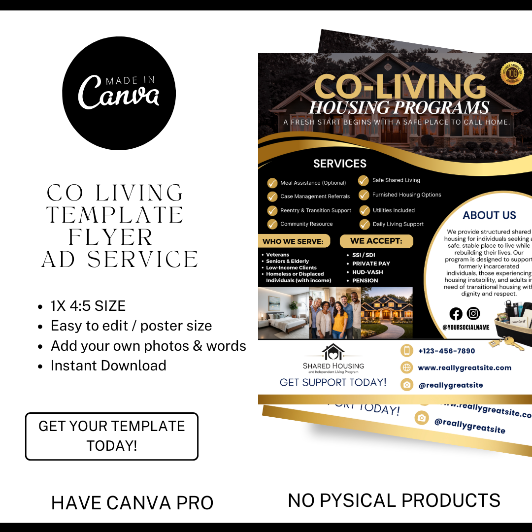 Shared Housing Flyer Template | Affordable Living Canva Flyer | Transitional Housing Room Rental Ad | Editable Design