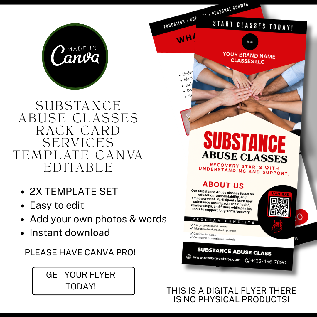 Substance Abuse Class Rack Card Template | Recovery Education Program | Court Approved Style | Canva | Substance Abuse Awareness Class