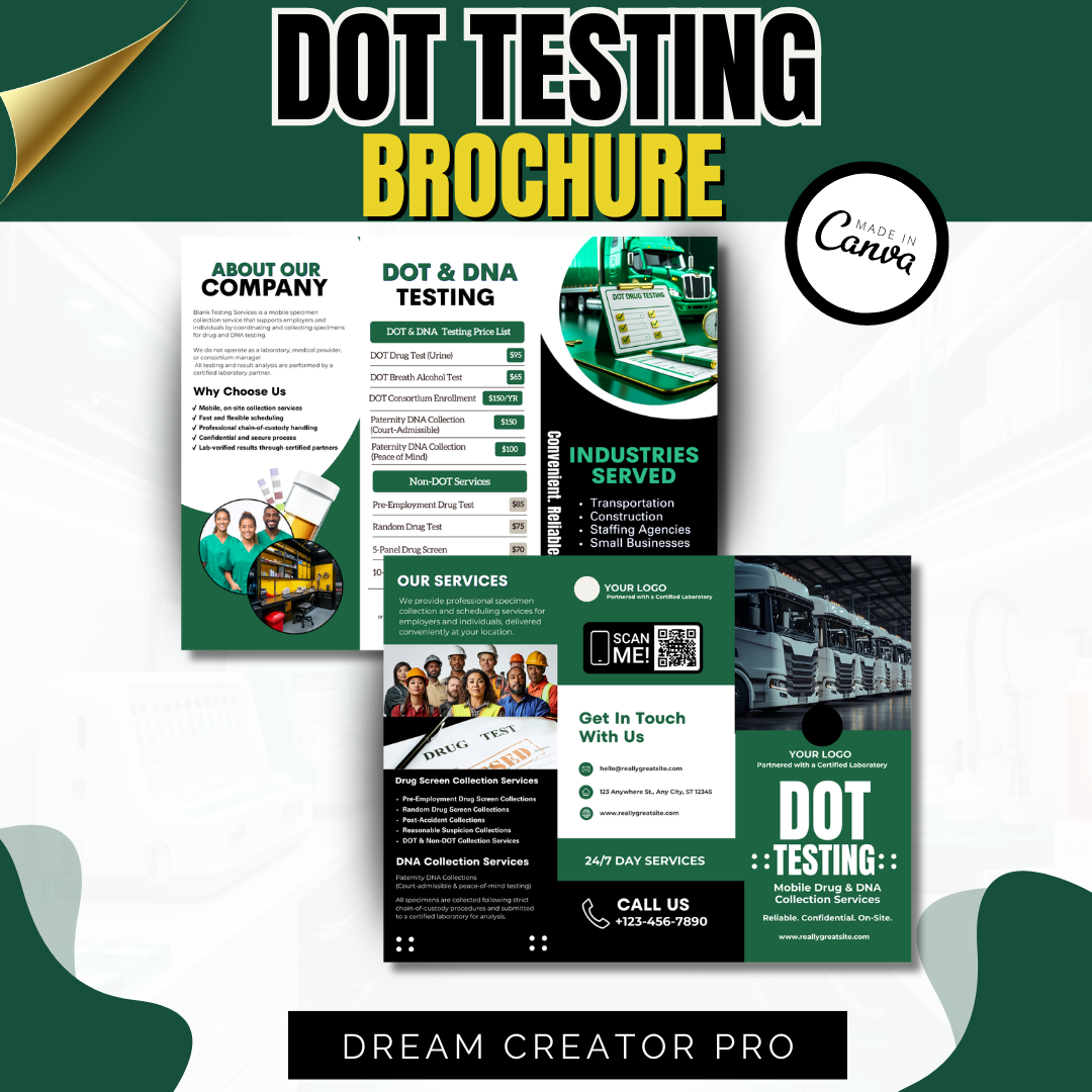 DOT Drug Testing Brochure Template | Mobile Drug & Alcohol Collection Services | Non-DOT Testing Flyer | Canva Editable Business Brochure (Copy)