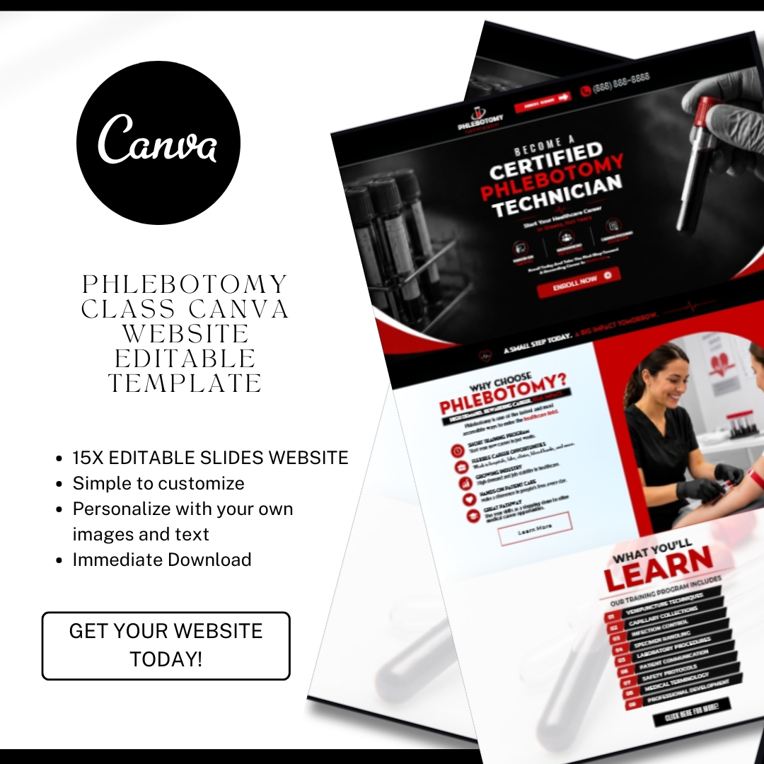 Phlebotomy Class Website Template | Medical Training School Canva Website | Healthcare Education Landing Page | Editable Website Design