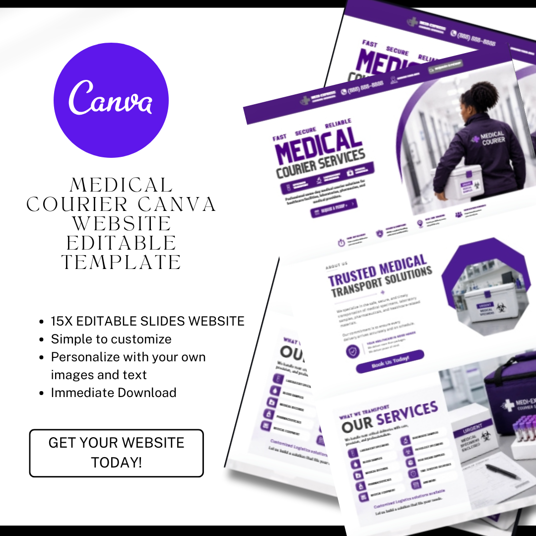 Medical Courier Website Template | Healthcare Logistics Canva Website | Specimen Transport Business Website | Editable Canva Design