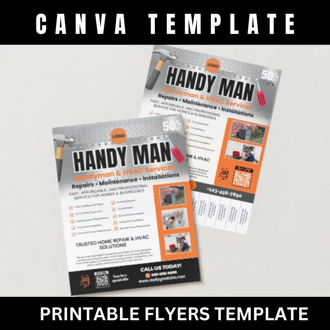 Handyman HVAC Marketing Bundle Canva Template | Flyer, Brochure, Tear Off Flyer, Business Card, Rack Card, Yard Sign, Instagram Post Editable Template