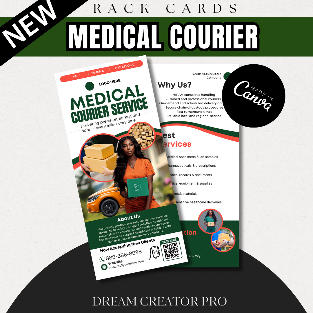 Medical Courier Services Rack Card Template | Healthcare Delivery Flyer | HIPAA Courier Marketing | Medical Transport Advertising | Canva Editable