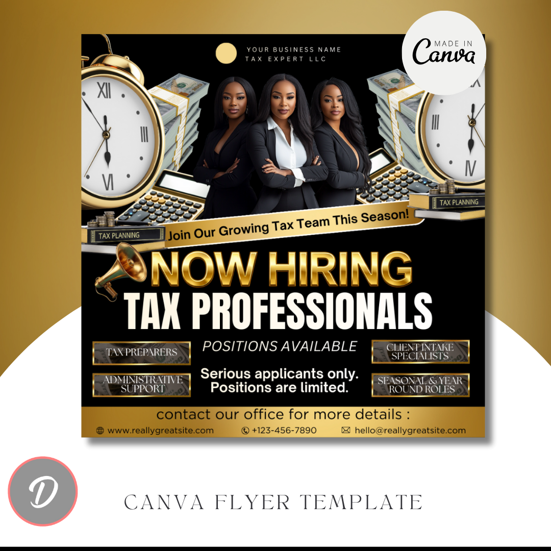 Now Hiring Tax Professionals Flyer Template | Tax Team Recruitment Canva Template | Tax Office Hiring Ad