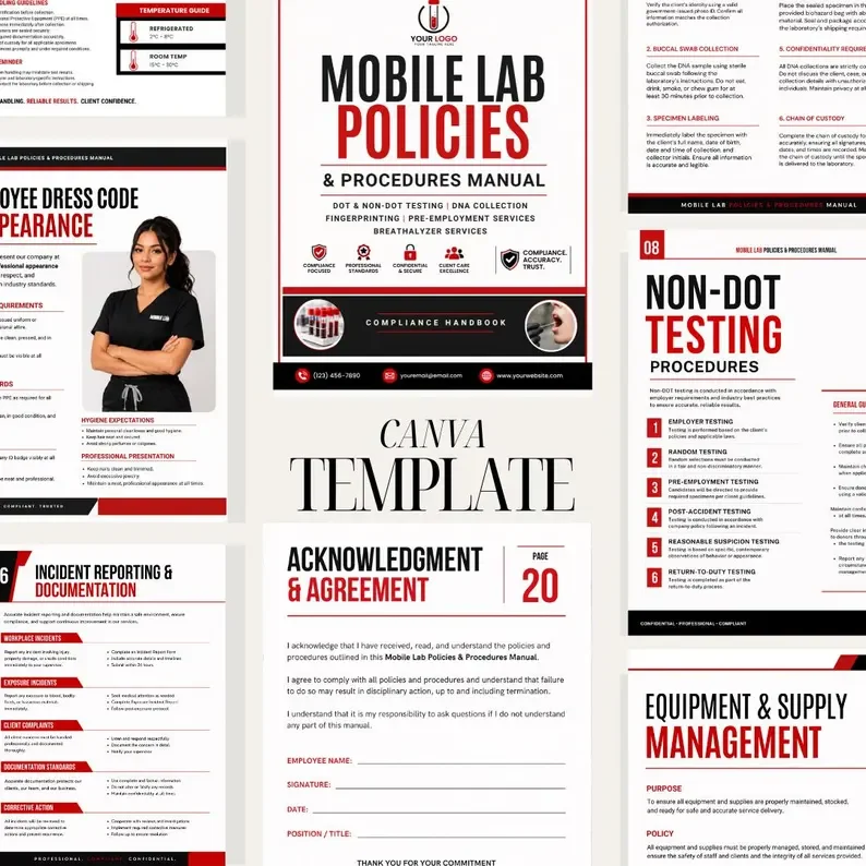Mobile Lab Policies & Procedures Manual Canva Template | DOT Drug Testing SOP Handbook | DNA Fingerprinting Compliance Editable Forms