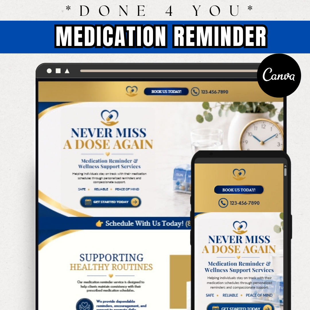Medication Reminder Website Template | Healthcare Canva Website | Senior Wellness Website Design | Medication Management Landing Page