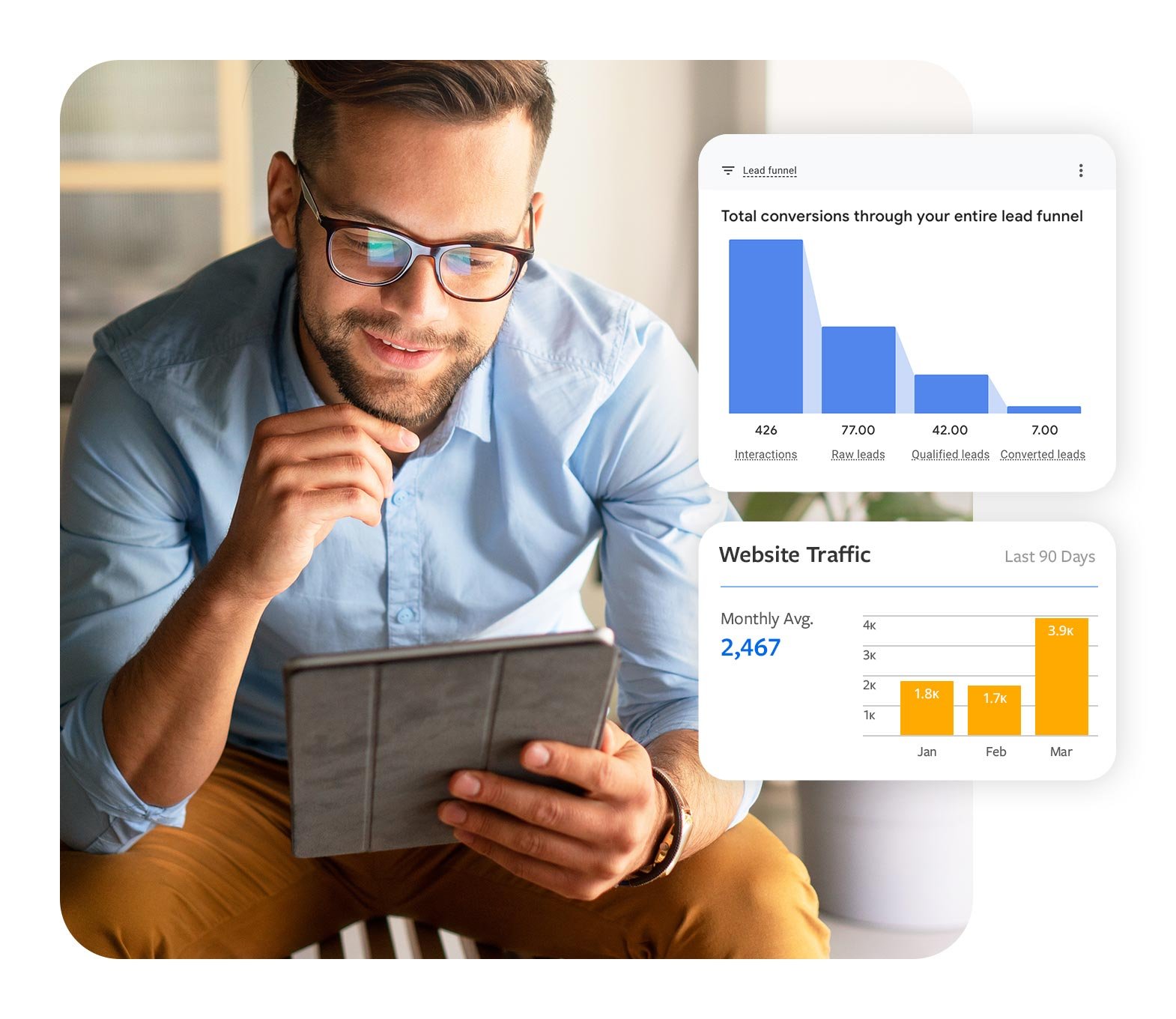 A business owner reviewing positive advertising statistics on his tablet