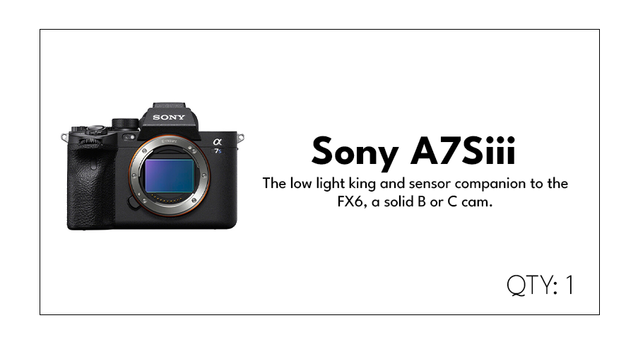 A Sony A7S III camera with a description indicating it is a low light king and sensor companion to the FX6, a solid B or C camera. The image also shows the quantity as 1.