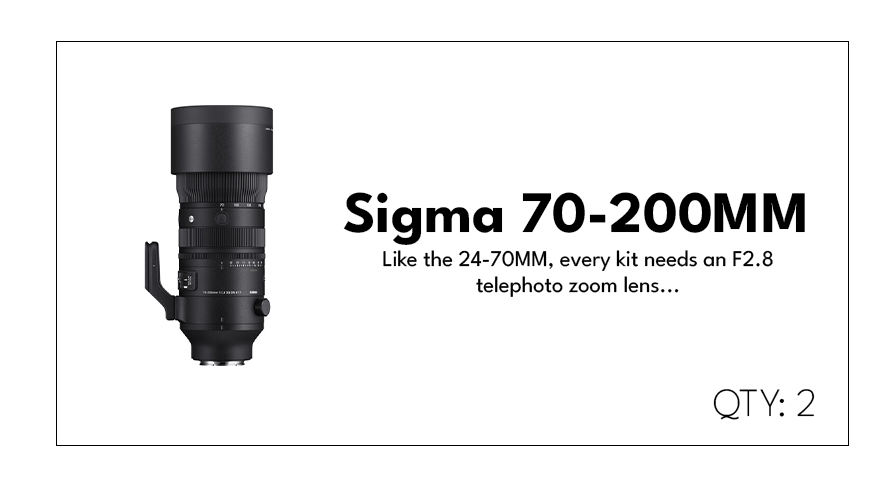 Image of a Sigma 70-200mm telephoto zoom lens with product details and quantity indicated.