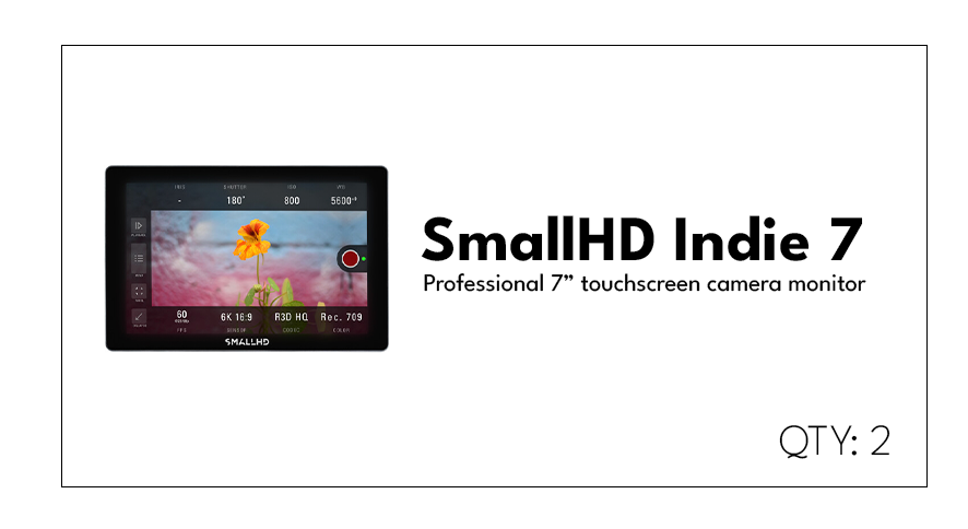 Product packaging for SmallHD Indie 7, a professional 7-inch touchscreen camera monitor, showing an image of a flower on the screen. The package indicates a quantity of 2 units.