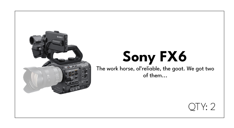 Box with Sony FX6 camera image, product name, tagline about reliability, and quantity of two.