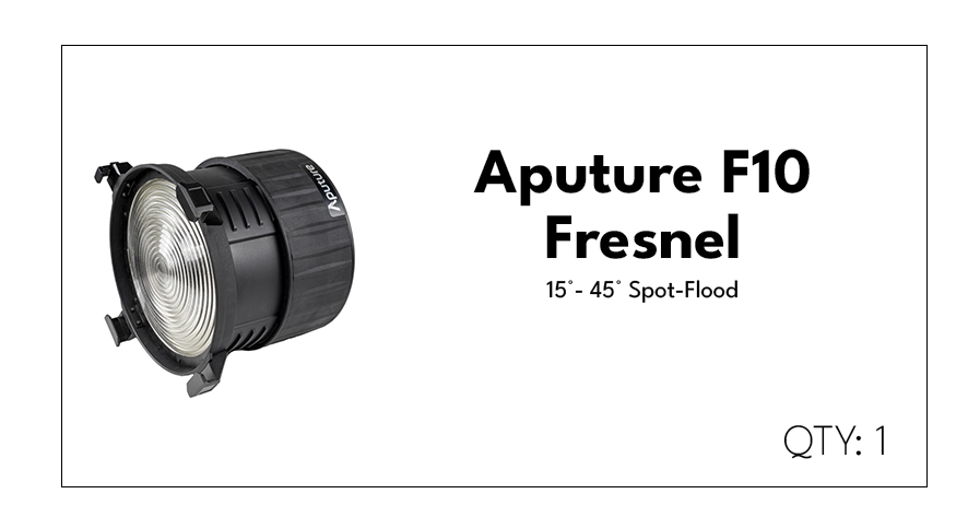 Packaging for an Aputure F10 Fresnel spotlight with specifications for 15 to 45 degree spot-flood focus, quantity one.