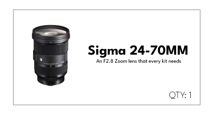 Product packaging for Sigma 24-70mm F2.8 zoom lens, featuring an image of the lens, product name, and details about the lens' specifications and quantity.