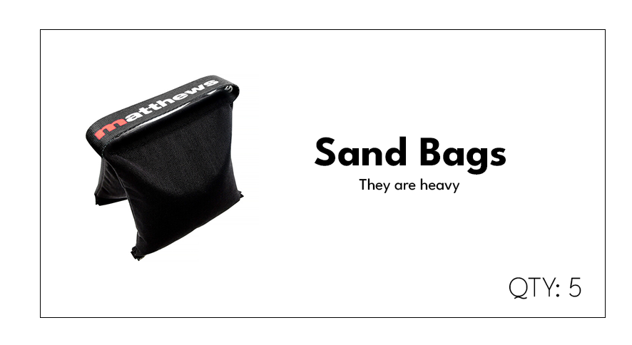 Image of a black sandbag with the brand name 'Matthews' on the top edge, labeled as heavy and containing five units.